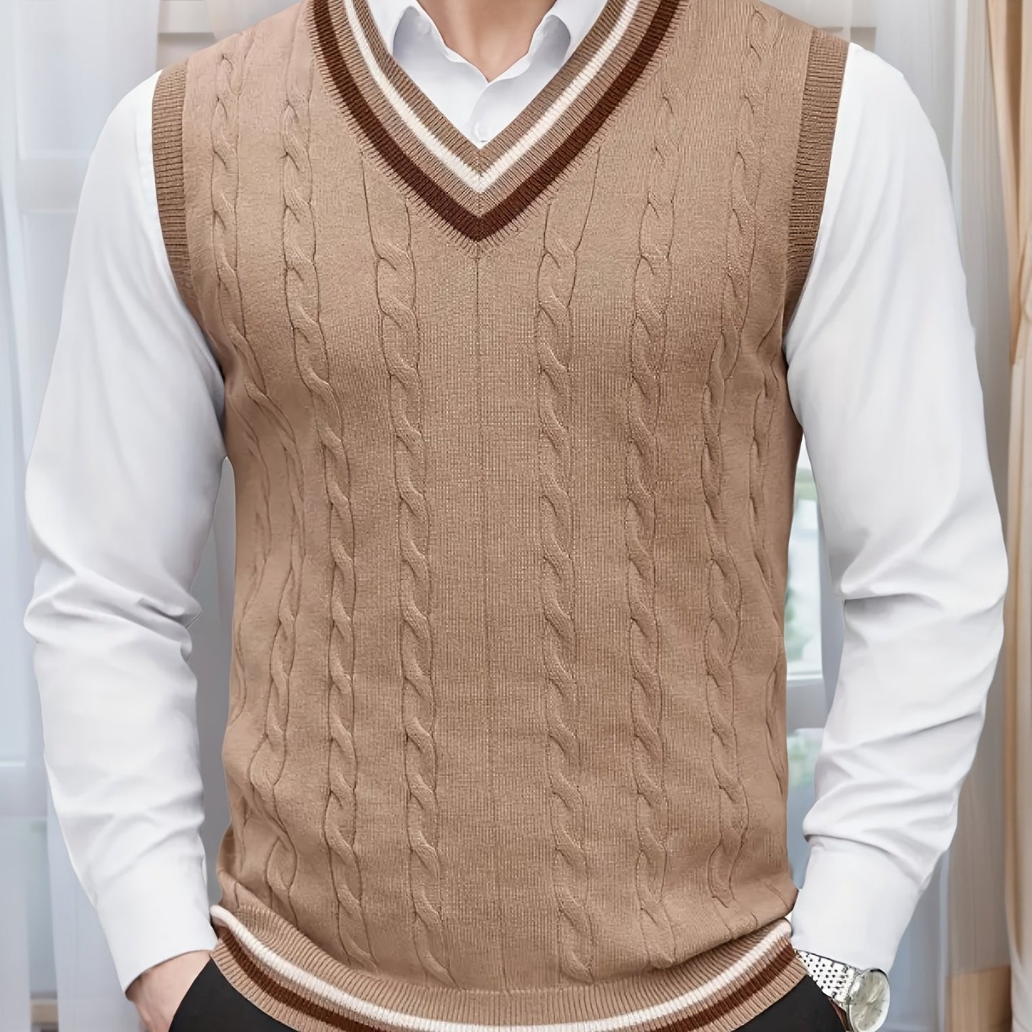 Gilet Homme Sans Manches Col en V Tricoté, Design Décontracté et Rétro, Idéal pour l'Automne et l'Hiver, Parfait pour un Look Décontracté et Sophistiqué en Toute Occasion