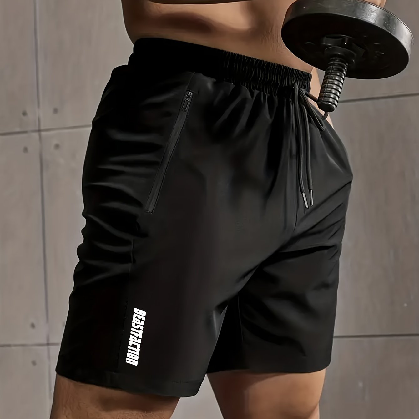 Men's Solid Shorts With Zipper Pockets, Active Elastic Waist Drawstring Shorts For Summer Outdoor Fitness