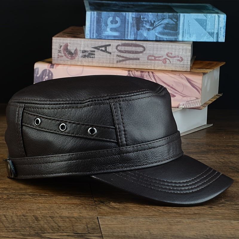 Premium Sheepskin Baseball Cap for Men - Fashionable Flat Brim Hat, Thin Design for Spring & Fall, Casual Outdoor Duckbill Cap for Middle-Aged Adults, Visor Cap | Sleek Headgear | Sleek Leather Ha