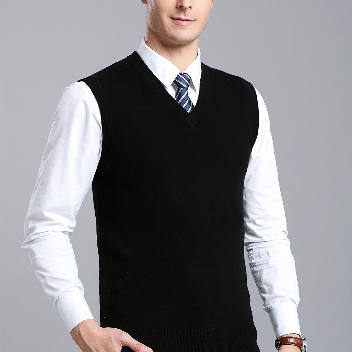 Gilet Homme Sans Manches en Laine Stretch - Texture Côtelée Élégante, Tricot Chaud pour Tenue Décontractée et Golf, Anniversaire - Noir