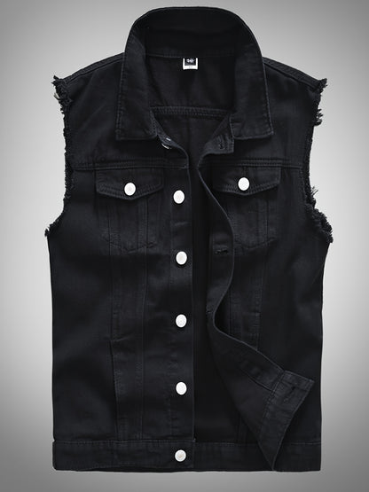 Veste décontractée en denim pour homme - Style moto, couleur unie, boutonnage, tissu non extensible, idéale pour le printemps\u002Fl'automne