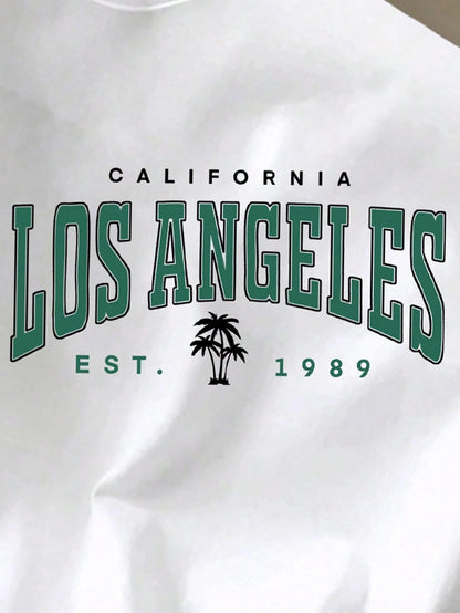 Xingmengzhi OBM Men's California Los Angeles Graphic T-Shirt - White with Green Print, Regular Fit Short Sleeve Casual Tee for Spring Summer Fall, Outdoor & Casual Attire