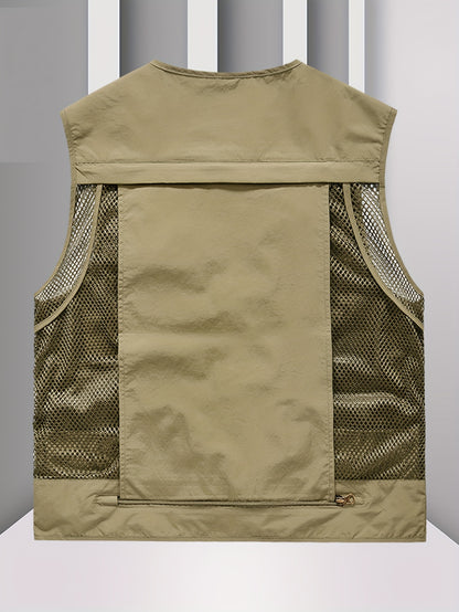 Gilet en Nylon pour Hommes | Conception à Multipoches pour Activités Extérieures | Panneaux en Maille Respirante et Poches Zippées | Polyvalent Toutes Saisons | Idéal pour la Randonnée, la Pêche & l'Entraînement | Durable & Confortable | Vert Olive