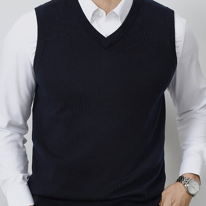 1pc Gilet sans manches en tricot à col en V uni pour homme - Pullover en polyester légèrement extensible pour le printemps\u002Fl'automne - Débardeur en tricot ajusté