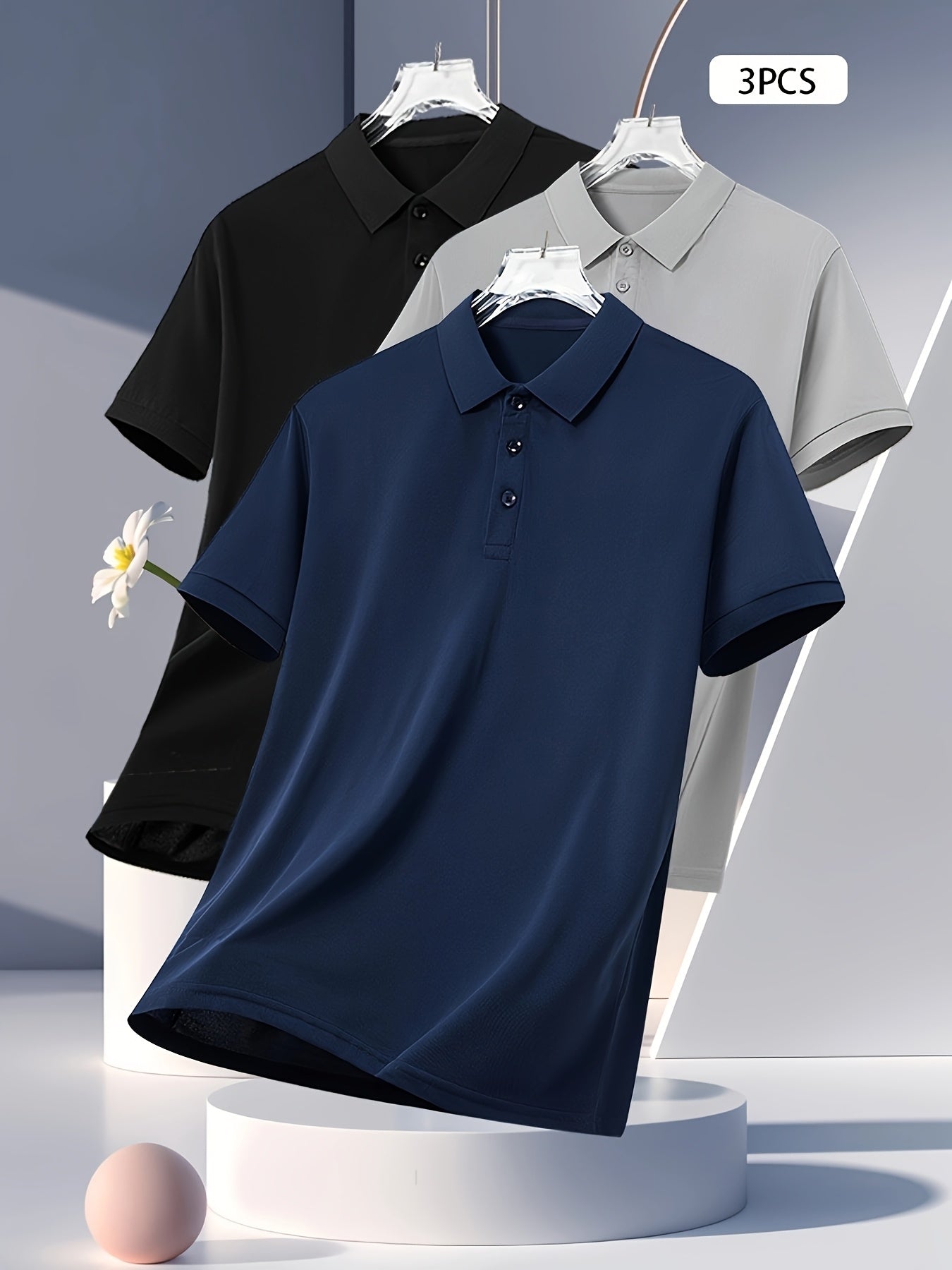 3pcs Men's Casual Shirts - Breathable Polyester, Button-Up, Short Sleeve in Black, White, & Navy - Ideal for Summer Sports & Leisure