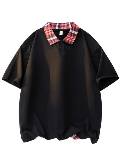 Men'S Casual Color Block Polo Shirt - Short Sleeve, Breathable Polyester, Summer Essential with Yellow and White Check Collar, Relaxed Fit for Weekend Attire, Casual Summer Shirt | Check Pattern Shirt | Polyester Fabric