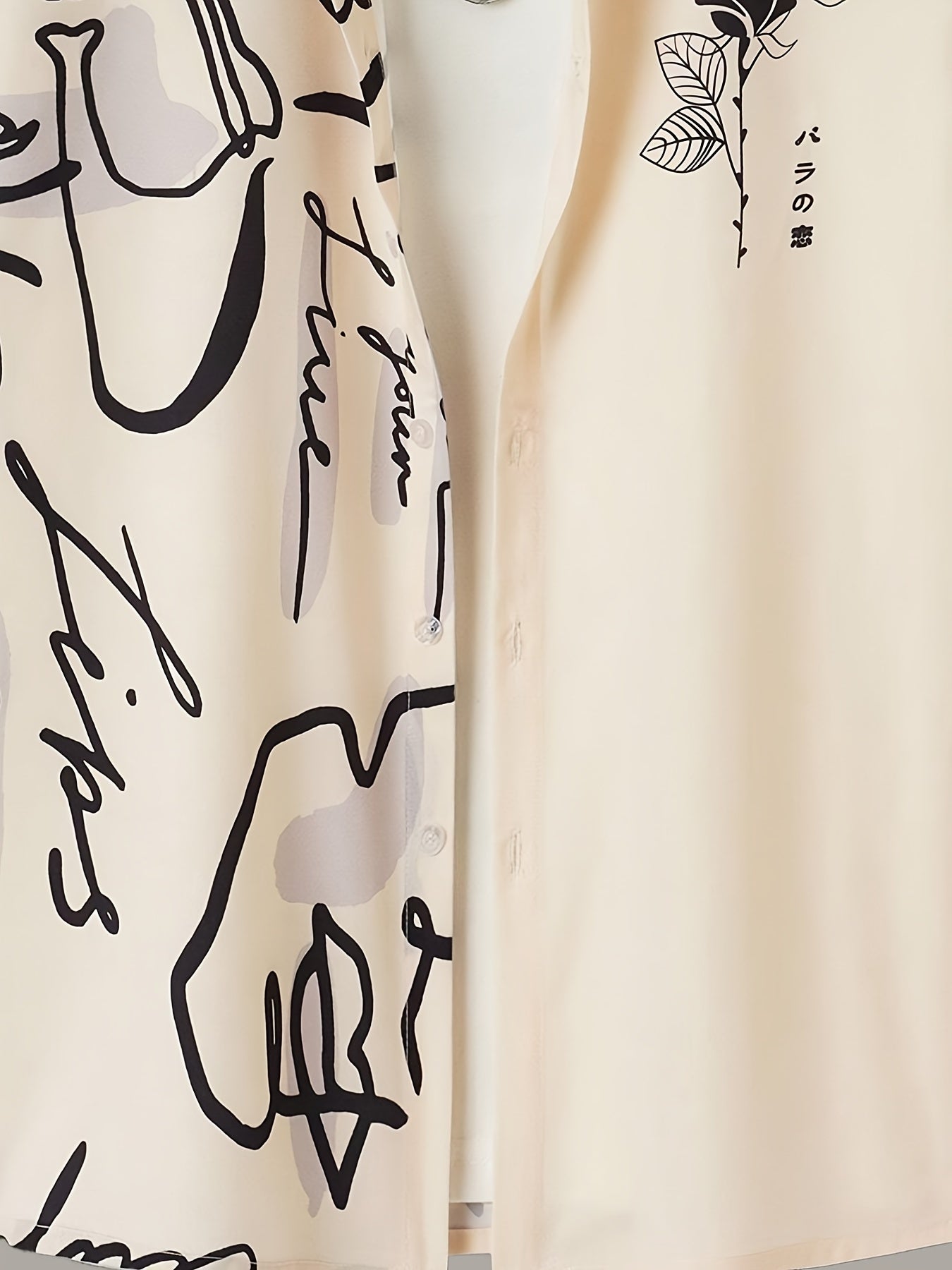 Men's Casual Short Sleeve Button-Up Shirt with Artistic Rose & Calligraphy Print - White with Beige Contrast, Breathable Summer Shirt, Machine Washable Regular Fit for Outdoor & Casual Wear, Nontransparent Fabric