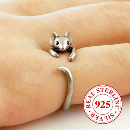 3.5g 925 Sterling Silvery Retro Boho Mouse Design Adjustable Ring for Men and Women, Party Vacation Hip-Hop Trendy Accessory