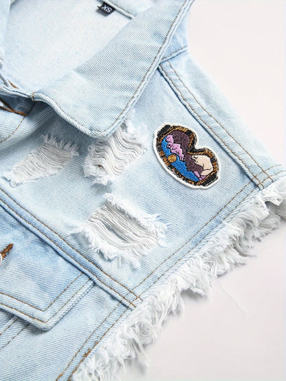 Veste en denim délavé pour homme, mélange coton, non extensible, déchirée, coupe régulière, sans manches, col à revers, style streetwear, tissé, pour printemps\u002Fautomne