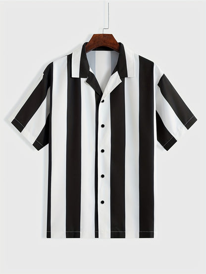 1pc Men'S Summer Casual Striped Button- Shirt - Short Sleeve, Regular Fit, Polyester Woven Fabric, Non-Stretch, Lapel Collar, Placket, for Daily & Outdoor Activities, Hiking, Weekend - Woven Fabric Weight 125g\u002Fm²