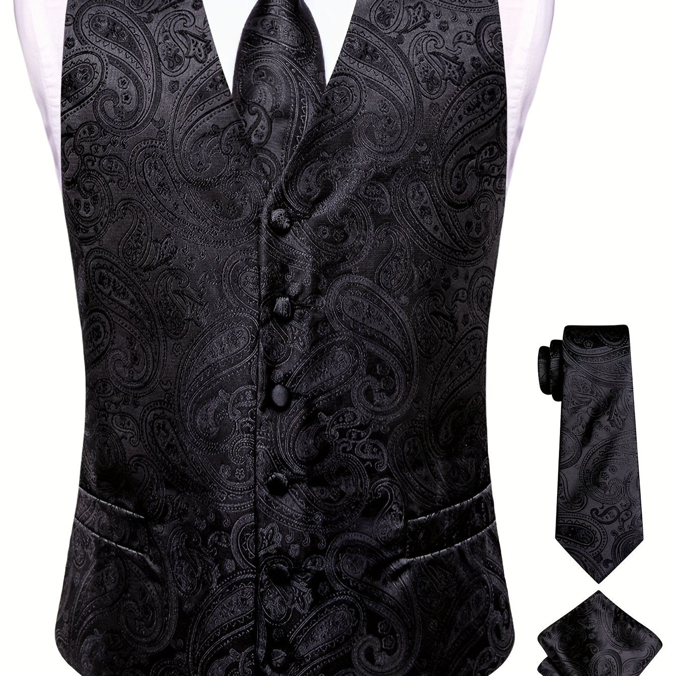 Gilet élégant en jacquard cachemire pour homme avec cravate + mouchoir + boutons de manchette pour mariage\u002Foccasions spéciales