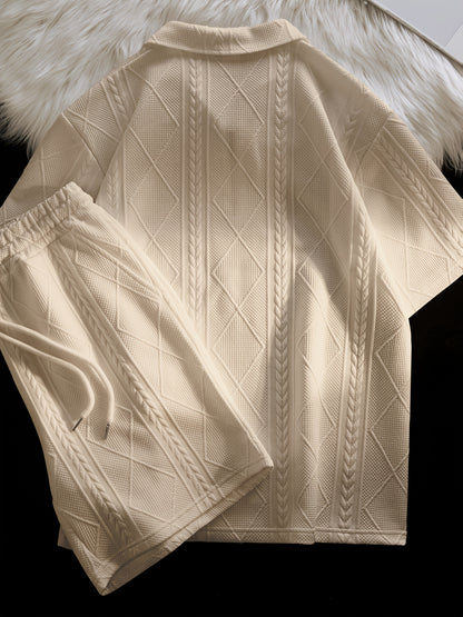 Retro Style 2pcs Men's Casual Summer Outfit Suits, Geometric Pattern Design Short Sleeve Lapel Shirt Top And Shorts Suit