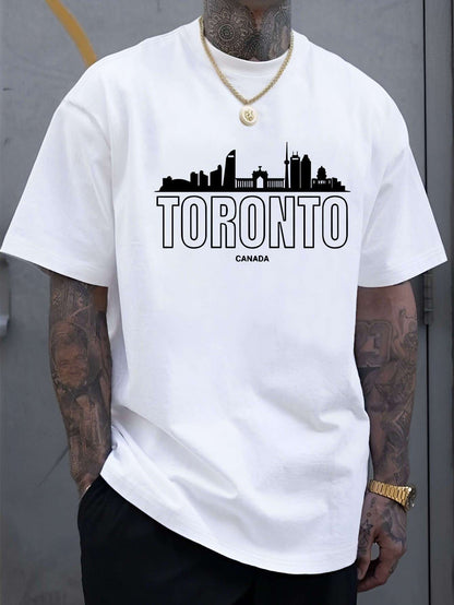 MenFashion Toronto Canada Graphic Cotton T-Shirt- Black Short Sleeve Crew Neck, Iconic Skyline Print, Lightweight and Breathable, Suitable for Summer Outings, Casual Wear and Everyday Style, Outdoor Activity Shirt| Machine washable