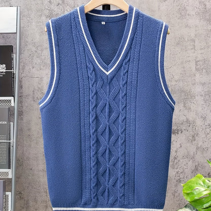 Gilet sans manches en viscose bleue pour homme - Design torsadé décontracté et sportif, col en V, élasticité moyenne, idéal pour la randonnée, les tenues décontractées et les activités de plein air.