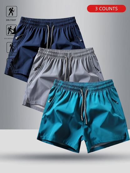 3pcs OBM Men's Moisture-Wicking Lightweight Athletic Shorts with Adjustable Drawstring Waist & Zipper Pocket - Breathable Quick-Dry Gym Running Training Shorts for Summer, Beach, Outdoor Activities (Teal, Burgundy, Navy)