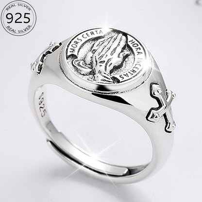 925 Sterling Silvery Ring Divine Praying Hands Design Adjustable Ring for Men And Women High Quality Jewelry Match Daily Outfits