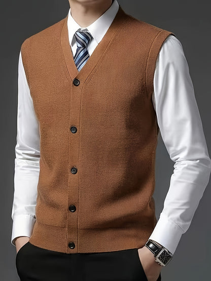 Gilet à col en V de couleur unie tricoté confortable et à la mode pour hommes 1 pièce (Jiang Xuyu)