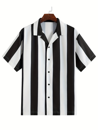 1pc Men'S Summer Casual Striped Button- Shirt - Short Sleeve, Regular Fit, Polyester Woven Fabric, Non-Stretch, Lapel Collar, Placket, for Daily & Outdoor Activities, Hiking, Weekend - Woven Fabric Weight 125g\u002Fm²