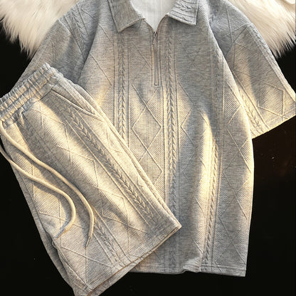 Retro Style 2pcs Men's Casual Summer Outfit Suits, Geometric Pattern Design Short Sleeve Lapel Shirt Top And Shorts Suit