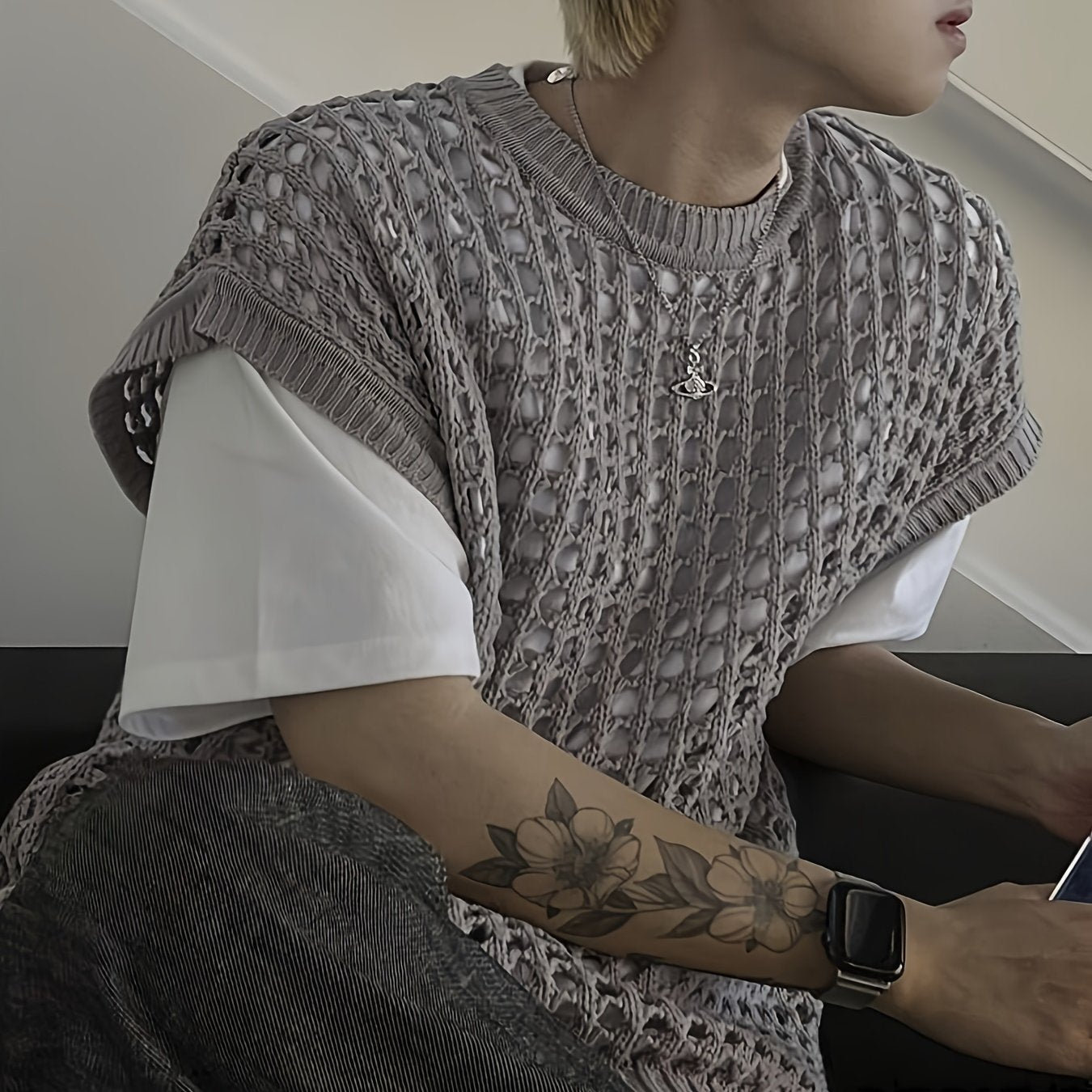 Débardeur homme en viscose ajourée, col rond sans manches - Couleur unie pour look décontracté, extérieur et streetwear - Printemps\u002FÉté\u002FAutomne