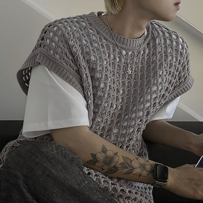 Débardeur homme en viscose ajourée, col rond sans manches - Couleur unie pour look décontracté, extérieur et streetwear - Printemps\u002FÉté\u002FAutomne