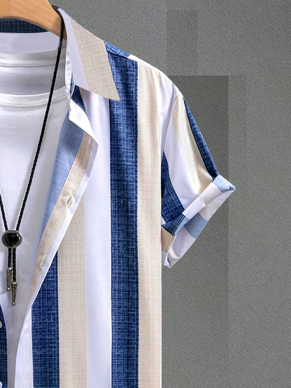 Men's Summer Casual Striped Button-Up Shirt - Short Sleeve, Lightweight & Breathable for Outdoor Activities, Beach, and Casual Attire, Beach Clothes, Beach Apparel, Classic Collar, Durable Clothing