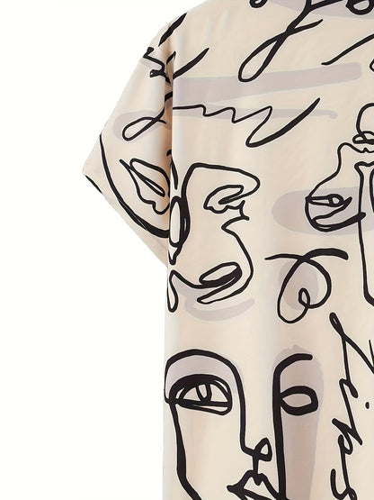 Men's Casual Short Sleeve Button-Up Shirt with Artistic Rose & Calligraphy Print - White with Beige Contrast, Breathable Summer Shirt, Machine Washable Regular Fit for Outdoor & Casual Wear, Nontransparent Fabric