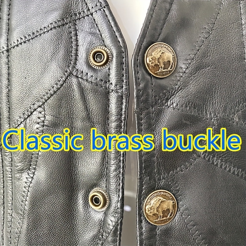 1pc Veste sans Manches en Similicuir ICEBANNER pour Homme, Veste Motocross Clubwear à Boutons-Pression et Lacets Réglables avec Poches Cachées, 100% Similicuir