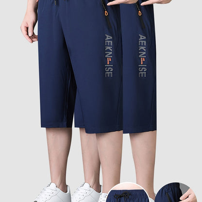 2pcs Men's Mid-Thigh Athletic Shorts with Drawstring & Zipper Pockets - Stylish Letter Print Design, Black & Navy Blue, Perfect for Gym, Casual Wear, Yoga, and Outdoor Activities, Modern Sports Apparel | Durable Sportswear