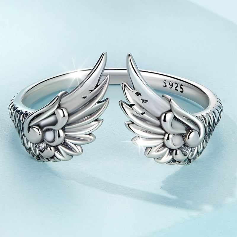 Silver Plated Plated Vintage Fashion Do Old Wing Open Ring Simple Vintage Guardian Feather Finger ring male and female Hip Hop holiday gift about 2.5g