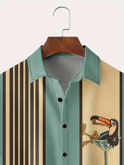 Men'S Casual Short Sleeve Shirt with Cocktail Glass Bird Print, Striped and Beige Design, Button-Up Collared Summer Top for Casual Attire, Leisure Clothing|Trendy Casual Style|Stylish Casualwear