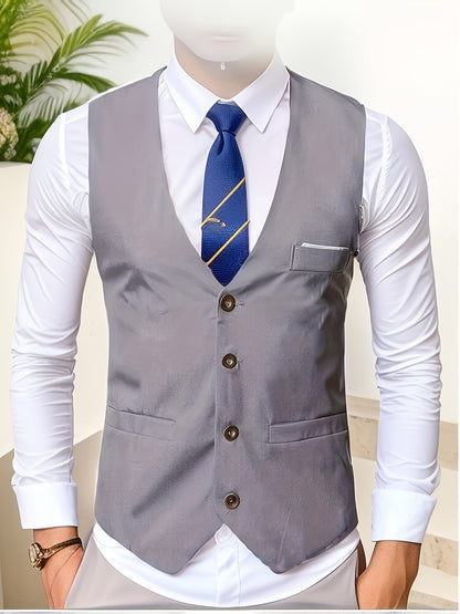 Gilet de Costume à Col en V, Style Rétro Décontracté pour Homme, Gilet Cintré Uni à Simple Boutonnage pour Tenue de Soirée