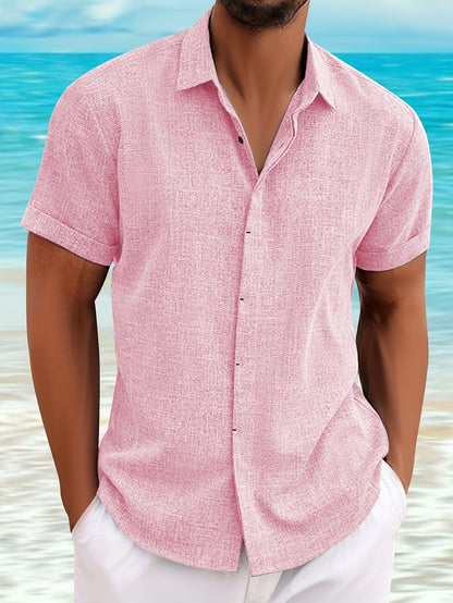 Casual Short-Sleeved Blue Linen Shirt for Men, Featuring an Invisible Button-Up Design, Perfect for Summer Weddings at The Beach.