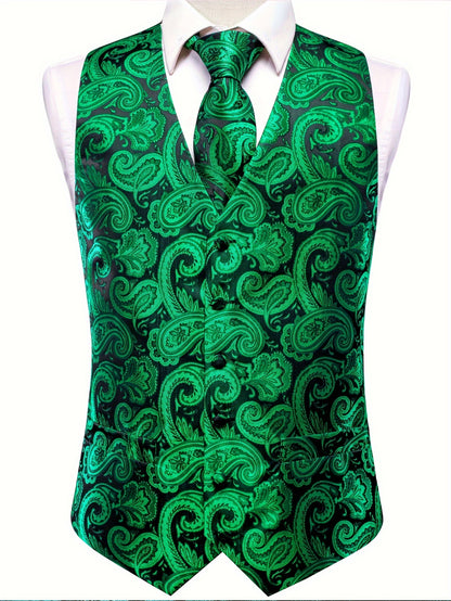 Gilet élégant en jacquard cachemire pour homme avec cravate + mouchoir + boutons de manchette pour mariage\u002Foccasions spéciales