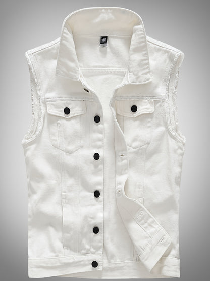 Veste décontractée en denim pour homme - Style moto, couleur unie, boutonnage, tissu non extensible, idéale pour le printemps\u002Fl'automne