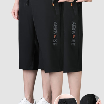 2pcs Men's Mid-Thigh Athletic Shorts with Drawstring & Zipper Pockets - Stylish Letter Print Design, Black & Navy Blue, Perfect for Gym, Casual Wear, Yoga, and Outdoor Activities, Modern Sports Apparel | Durable Sportswear
