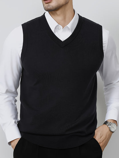 1pc Gilet sans manches en tricot à col en V uni pour homme - Pullover en polyester légèrement extensible pour le printemps\u002Fl'automne - Débardeur en tricot ajusté