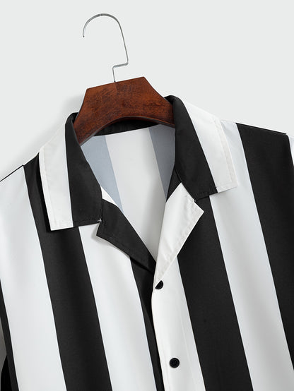 1pc Men'S Summer Casual Striped Button- Shirt - Short Sleeve, Regular Fit, Polyester Woven Fabric, Non-Stretch, Lapel Collar, Placket, for Daily & Outdoor Activities, Hiking, Weekend - Woven Fabric Weight 125g\u002Fm²