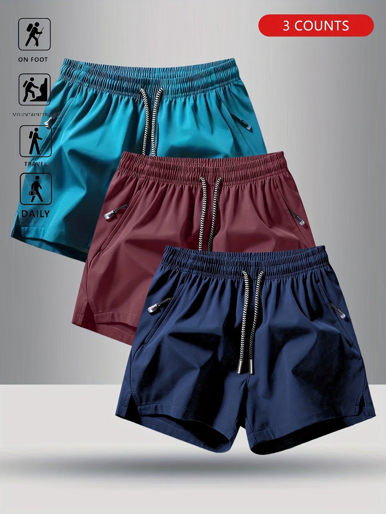 3pcs OBM Men's Moisture-Wicking Lightweight Athletic Shorts with Adjustable Drawstring Waist & Zipper Pocket - Breathable Quick-Dry Gym Running Training Shorts for Summer, Beach, Outdoor Activities (Teal, Burgundy, Navy)