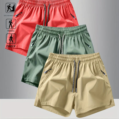 3pcs OBM Men's Moisture-Wicking Lightweight Athletic Shorts with Adjustable Drawstring Waist & Zipper Pocket - Breathable Quick-Dry Gym Running Training Shorts for Summer, Beach, Outdoor Activities (Teal, Burgundy, Navy)