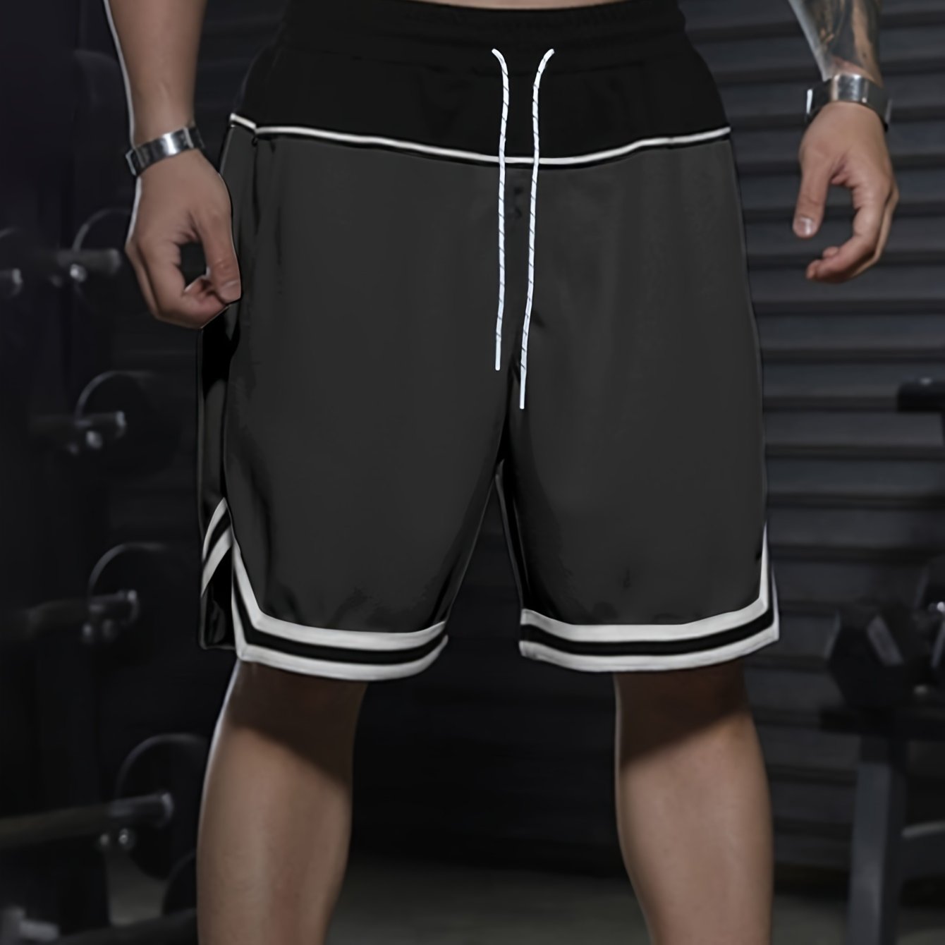 Men's Color Block Striped Shorts With Pockets, Active Elastic Waist Drawstring Shorts For Summer Fitness