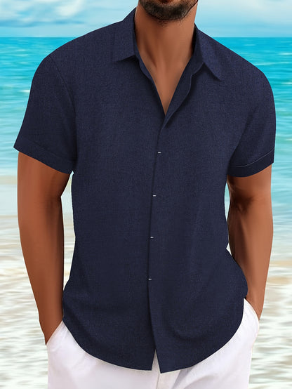 Casual Short-Sleeved Blue Linen Shirt for Men, Featuring an Invisible Button-Up Design, Perfect for Summer Weddings at The Beach.