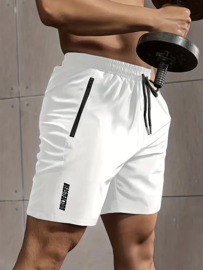 Men's Solid Shorts With Zipper Pockets, Active Elastic Waist Drawstring Shorts For Summer Outdoor Fitness
