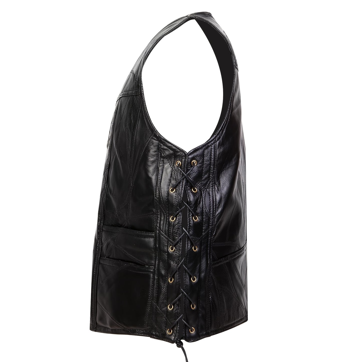 1pc Veste sans Manches en Similicuir ICEBANNER pour Homme, Veste Motocross Clubwear à Boutons-Pression et Lacets Réglables avec Poches Cachées, 100% Similicuir