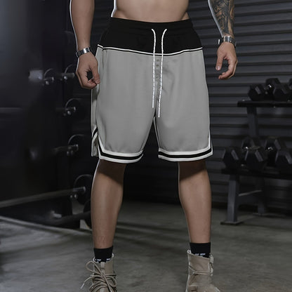 Men's Color Block Striped Shorts With Pockets, Active Elastic Waist Drawstring Shorts For Summer Fitness