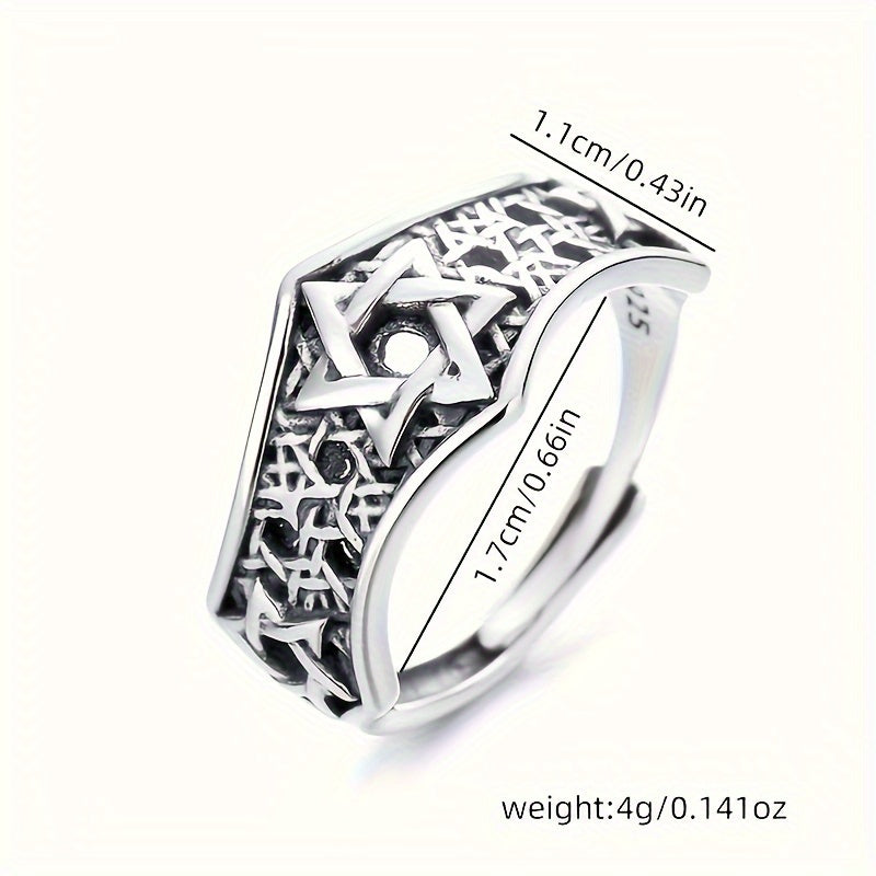 Approx. 4g of Total Weight 1pc Women'S Fashion Wide Band Ring; 925 Pure Silvery Hollow Retro Hip Hop Hexagram Star Adjustable Ring Niche Design Men'S and Women'S Ring; Suitable for Party Activities; Suitable for Giving to Lovers, Friends and Family