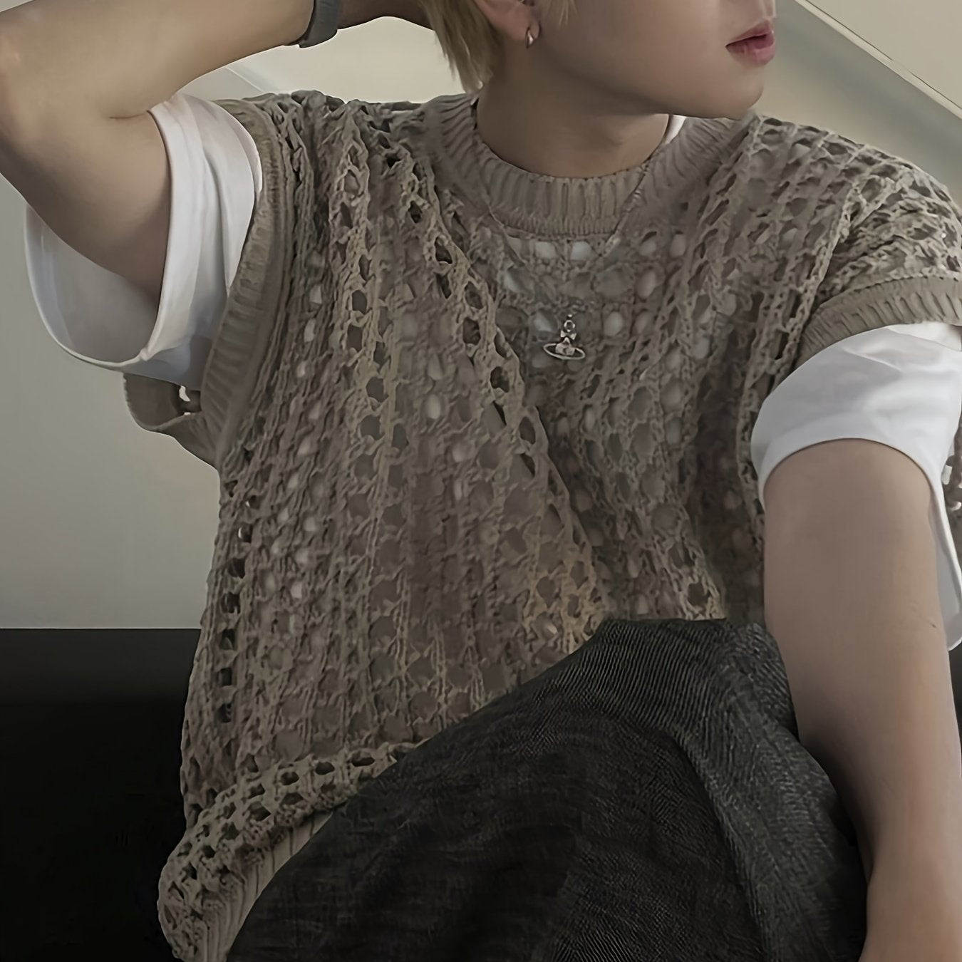 Débardeur homme en viscose ajourée, col rond sans manches - Couleur unie pour look décontracté, extérieur et streetwear - Printemps\u002FÉté\u002FAutomne