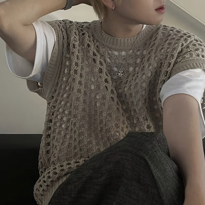 Débardeur homme en viscose ajourée, col rond sans manches - Couleur unie pour look décontracté, extérieur et streetwear - Printemps\u002FÉté\u002FAutomne