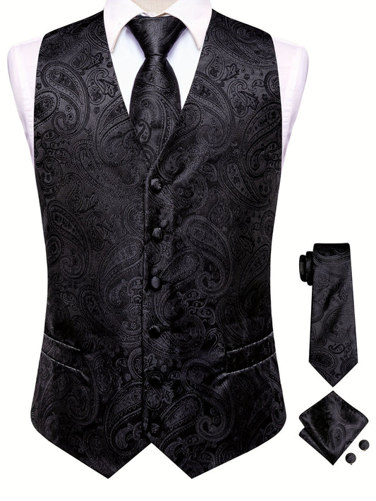 Gilet élégant en jacquard cachemire pour homme avec cravate + mouchoir + boutons de manchette pour mariage\u002Foccasions spéciales