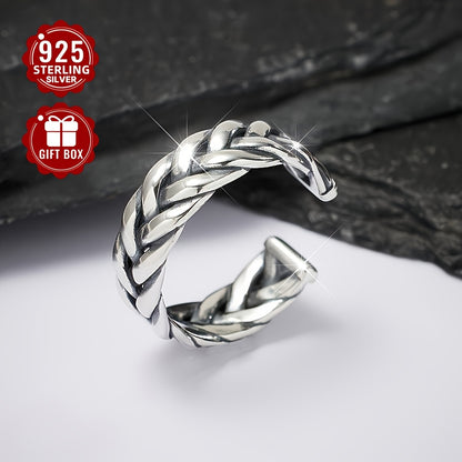 1PC 925 Sterling Silver Vintage Couple Braided Rope Ring Aged Geometric Open Ring For Men And Women Holiday Birthday Anniversary Gift (about 4.49g)